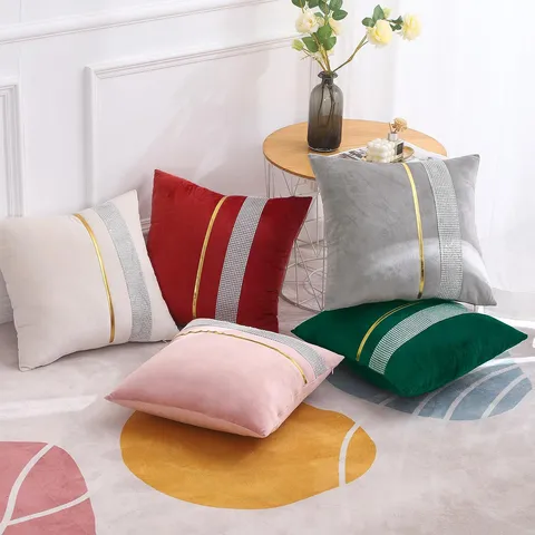 Fodera per Cuscino in Velluto Moderno Minimalista Tinta Unita Decorazione in Strass Cucitura Metallica Federa Decorativa per Soggiorno