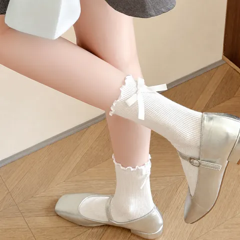 Mujeres Lindo Borde Lechuga Lazo Calcetines de Media Caña Algodón Dulce Casual Diario Medias Moda Estudiante Calcetines