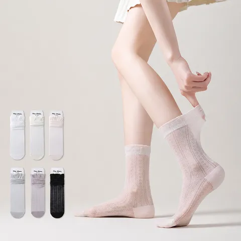 Women Solid Color Thin Slouch Socks Breathable Mesh Nylon Long Stockings Casual Versatile High Stretch Fashion Hosiery