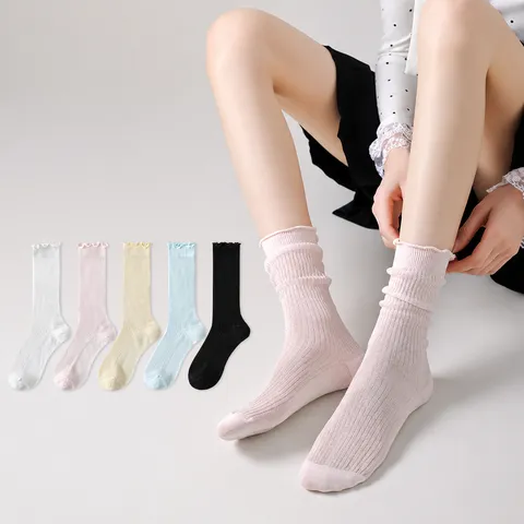 Women Summer Thin Solid Color Striped Stackable Socks Japanese Lettuce Edge Mesh Breathable Mid Tube Socks