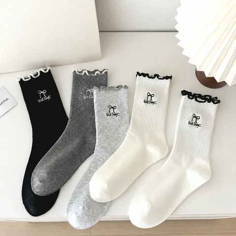 Calcetines de Media Pantorrilla Casuales Color Sólido Lazo Bordado Borde de Volantes Algodón Fino Primavera Verano para Mujer