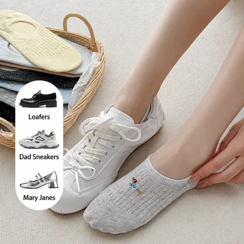 Calcetines Tobilleros de Verano para Mujer Finos Malla Transpirable Invisibles Corte Bajo Lindo Bordado Dibujos Animados Casual