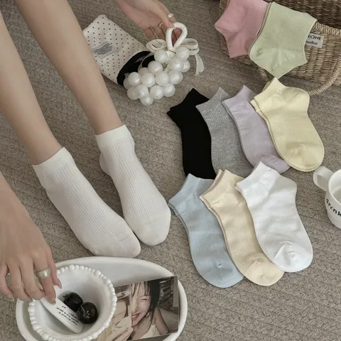 Calcetines Cortos Casuales de Mezcla de Algodón para Mujer Japonés Lindo Color Sólido Transpirable Accesorio