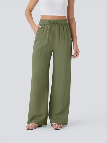 Dames Hoge Taille Trekkoord Wije Pijpen Casual Linnen Broek Losse Effen Kleur Steekzakken Elastische Strand Lange Broek