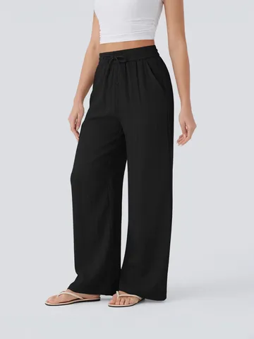 Dames Hoge Taille Trekkoord Wije Pijpen Casual Linnen Broek Losse Effen Kleur Steekzakken Elastische Strand Lange Broek