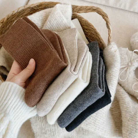 Calcetines de Lana Gruesos y Cálidos de Invierno para Mujer Color Sólido Tejido Acanalado Casual Térmicos Cómodos Medias