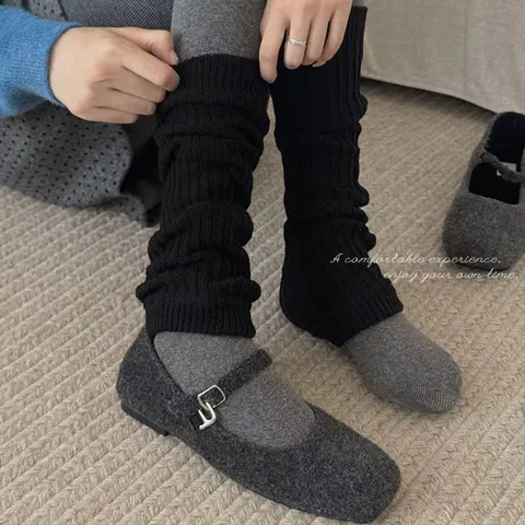 Women Winter Warm Slouch Leg Warmers Solid Color Jacquard Knitted Long Calf Socks Casual Daily Legwear Accessories