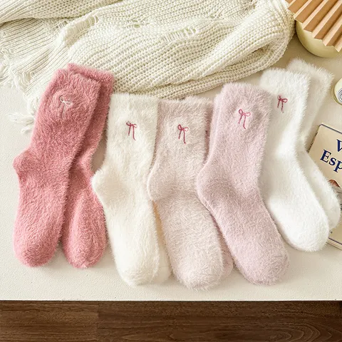 Women Winter Warm Thick Plush Mid Tube Socks Cute Bow Design Soft Polyester Casual Home Sleep Hosiery