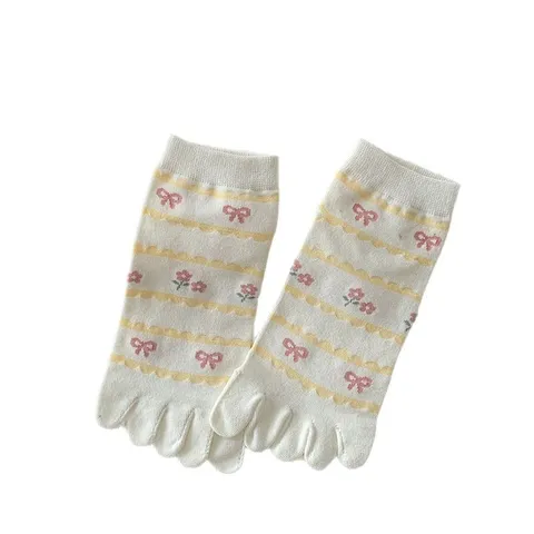 Women Cute Five Finger Socks Sweet Bow Cherry Heart Embroidered Combed Cotton Split Toe Crew Socks Casual Daily