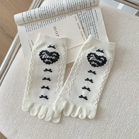 Women Cute Five Finger Socks Sweet Bow Cherry Heart Embroidered Combed Cotton Split Toe Crew Socks Casual Daily
