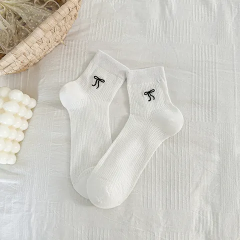 Calcetines de Media Caña de Verano para Mujer de Malla Lindo Lazo Bordado Algodón Transpirable Blanco Estilo Ballet Dulce Uso Diario
