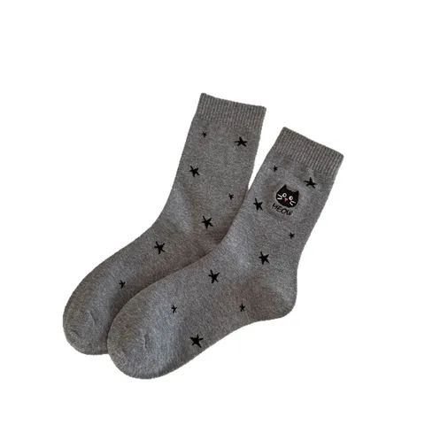 Mujeres Lindo Gato de Dibujos Animados Bordado Algodón Calcetines de Tripulación Transpirable Estilo Ins Casual Animal Patrón de Estrella Calcetines Diarios