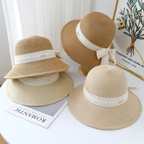 Women Large Brim Straw Sun Hat Summer Beach Vacation Sunhat Elegant Lace Ribbon Bow Woven Sun Protection Hat