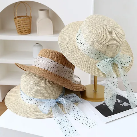 Women's Summer Wide Brim Flat Top Straw Hat Beach Sun Protection Boater Hat
