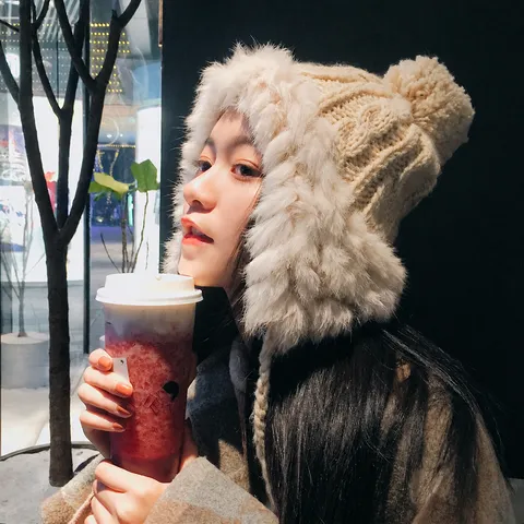 Damen Winter Warme Kaninchenfell Gestrickte Bombermütze Verdicktes Fleece Ohrenschutz Bommel Beanie Süße Koreanische Stil Mütze