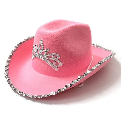 Pink Wollmischung Western Cowboy Hut Mit Strass Krone Und Federn Cowgirl Hut Für Musikfestival Party Damen Mode