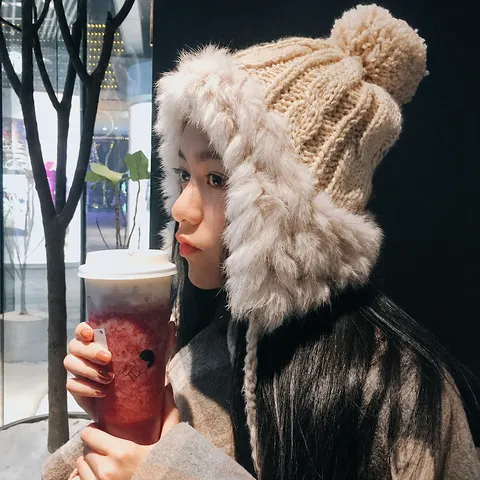 Damen Winter Warme Kaninchenfell Gestrickte Bombermütze Verdicktes Fleece Ohrenschutz Bommel Beanie Süße Koreanische Stil Mütze