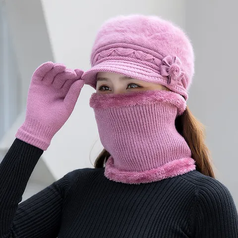 Vrouwen Winter Warme Gebreide Muts Sjaal En Handschoenen Set Konijnenbontmix Fleece gevoerd Thermische Accessoires