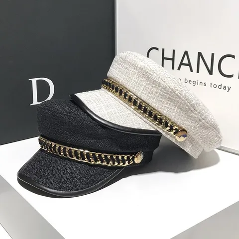 Donna Moda Tweed Cappello Piatto Elegante A Quadri Ottagonale Cappello Pittore Catena In Metallo Stile Coreano Berretto Chic