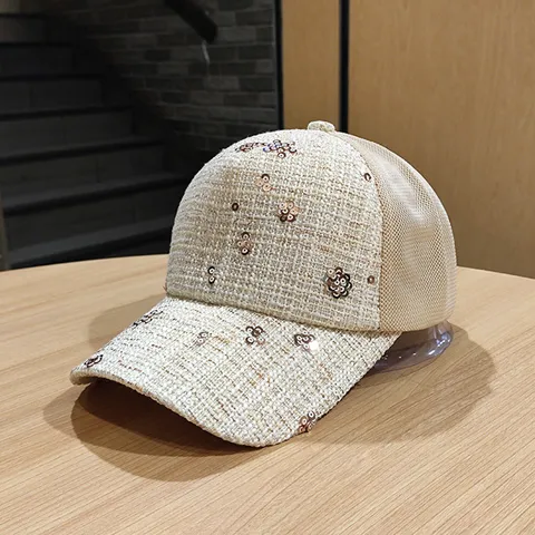 Damen Koreanischer Stil Pailletten Netz Atmungsaktiv Baseballkappe Lässig Gebogene Krempe Sonnenschutz Papa Hut