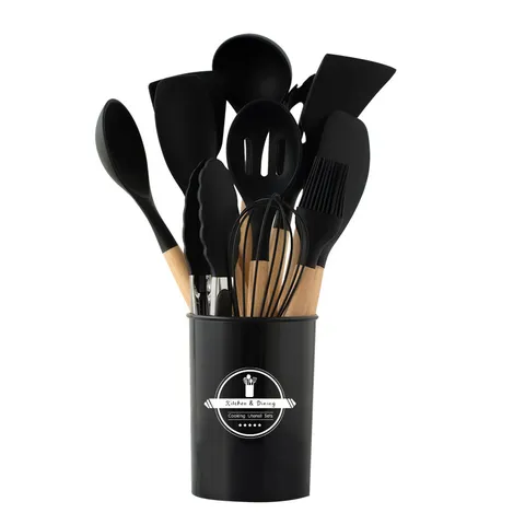 Silicone Kitchen Utensil With Wooden Handle Heat Resistant Non Stick Cookware Cooking Tools Holder Kitchen Gadgets