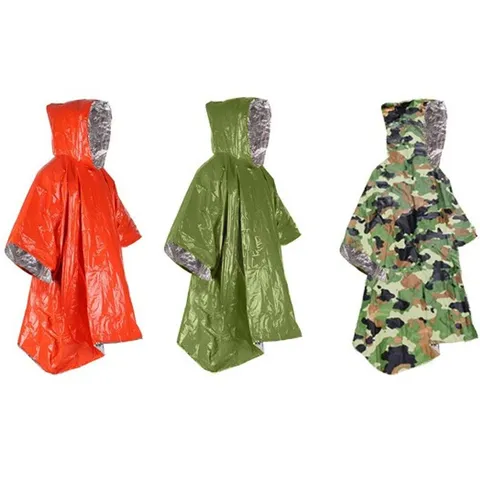 Imperméable Camouflage d'Urgence Extérieur Survie Thermique Imperméable Poncho à Capuche Pour Camping Randonnée Équipement