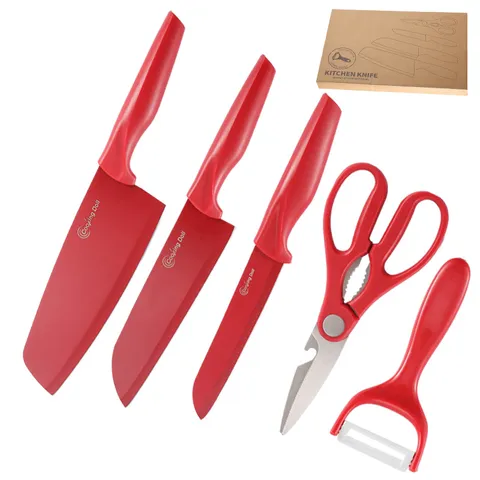 Stainless Steel Kitchen Knife Assortment Professional Cooking Chef Knives With Ergonomic Red Handle For Home Kitchen