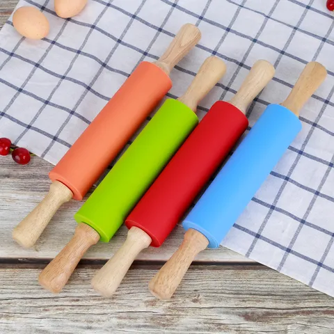 Rouleau à Pâtisserie en Silicone Antiadhésif avec Manche en Bois pour Cuisson Pâte Ustensiles de Cuisine