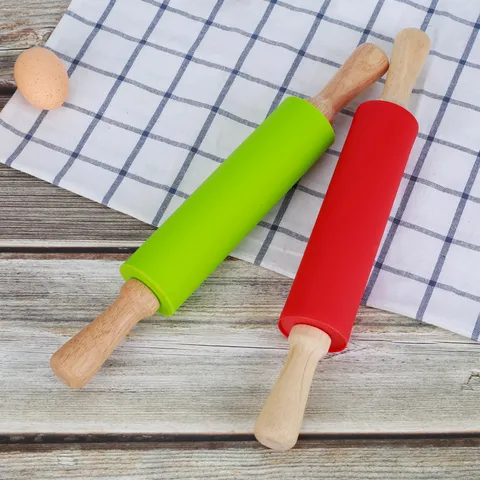 Rouleau à Pâtisserie en Silicone Antiadhésif avec Manche en Bois pour Cuisson Pâte Ustensiles de Cuisine