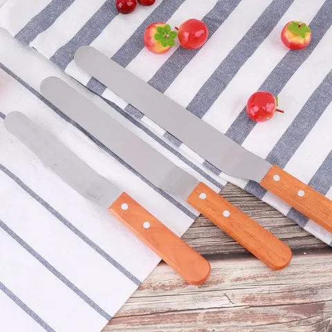 Stainless Steel Cake Spatula Wooden Handle Palette Knife Baking Tool Straight Curved Icing Spatula For Kitchen Pastry