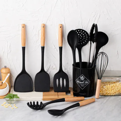 Silicone Kitchen Utensils Set Wooden Handle Heat Resistant Non Stick Cooking Spatula Spoon Kitchen Tool Set