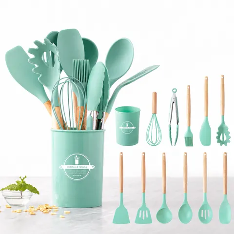 Conjunto de Utensilios de Cocina de Silicona Conjunto de Cocina con Mango de Madera Antiadherente Resistente al Calor con Soporte de Almacenamiento