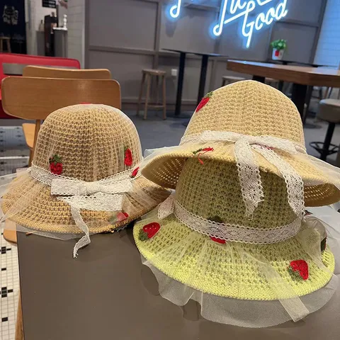 Baby Meisjes Zonnehoed Stro Gebreid Brede Rand Prinses Strohoed Schattige Aardbei Strik Strand Zomerhoed Peuter Kinderen