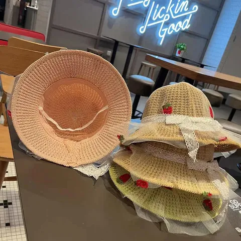 Baby Meisjes Zonnehoed Stro Gebreid Brede Rand Prinses Strohoed Schattige Aardbei Strik Strand Zomerhoed Peuter Kinderen