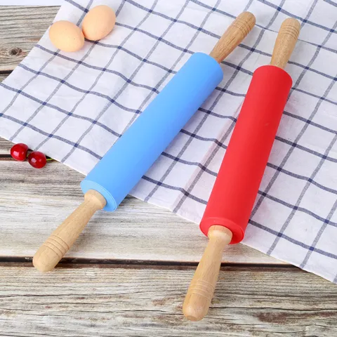Rouleau à Pâtisserie en Silicone Anti-Adhésif avec Manche en Bois pour Cuisine Pâte Pâtisserie Outil de Cuisson