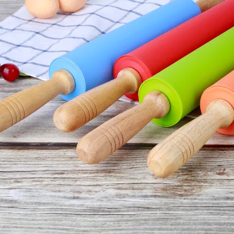 Rouleau à Pâtisserie en Silicone Anti-Adhésif avec Manche en Bois pour Cuisine Pâte Pâtisserie Outil de Cuisson