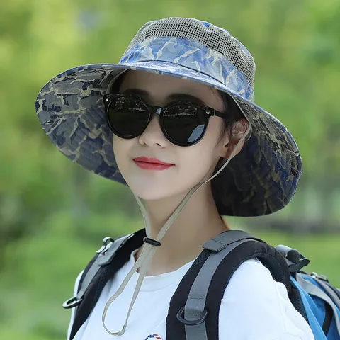 Women Outdoor Sun Protection Bucket Hat Wide Brim Breathable Mesh Camouflage Summer Hiking Fishing Cap Adjustable