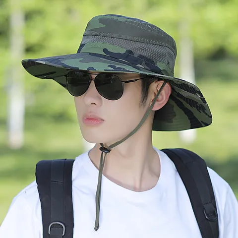 Men's Summer Outdoor Sun Protection Fisherman Hat Wide Brim Camouflage Breathable Hiking Fishing Bucket Hat