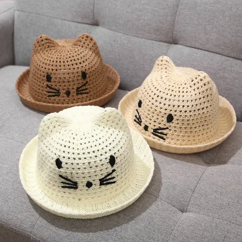 Infant Straw Sun Hat Cute Cat Ears Embroidery Summer Beach Hat Toddler Baby Cute Sun Protection Cap