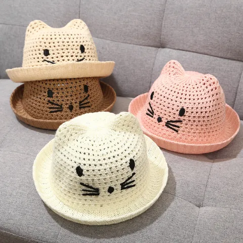 Infant Straw Sun Hat Cute Cat Ears Embroidery Summer Beach Hat Toddler Baby Cute Sun Protection Cap