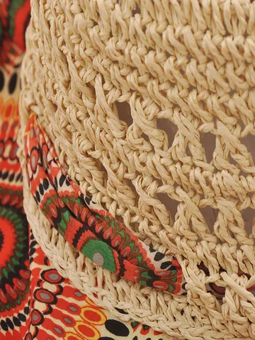 Damen Breite Krempe Stroh Sonnenhut Blumenband Sommer Strandkappe Faltbar UV Schutz Atmungsaktiv Lässig Reisehut