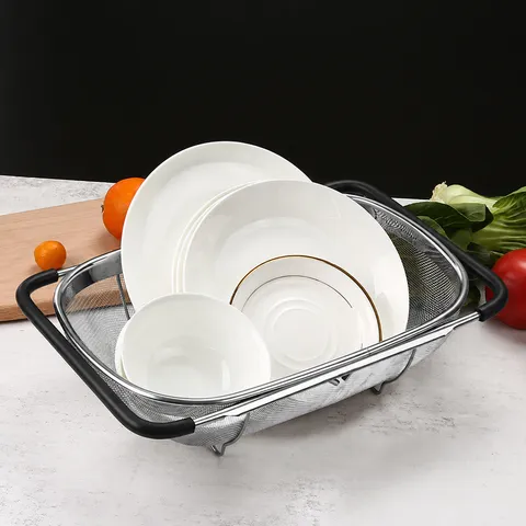 Cesta de Drenaje Telescópica de Acero Inoxidable para Fregadero de Cocina Escurridor de Platos Organizador