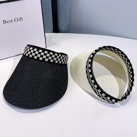 Damen Sommer Stroh Sonnenhut Lässig Einfarbig Leerer Top Visor Hut Outdoor Strand Sonnenschutz Hut