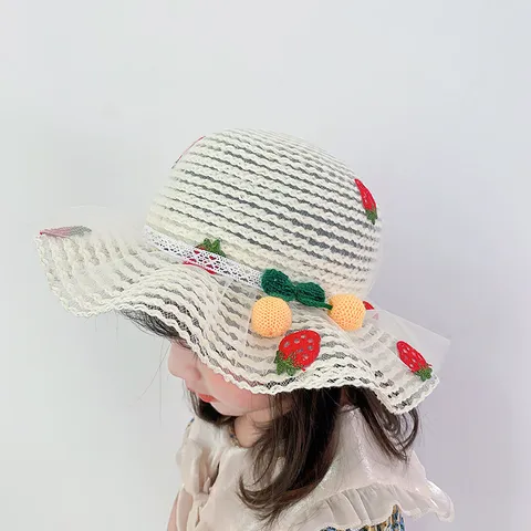 Kids Summer Straw Hat Cute Bow Lace Strawberry Sun Hat Beach Outdoor Breathable Sun Protection Panama Hat For Girls