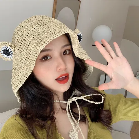 Women Cute Frog Straw Woven Bucket Hat Summer Sun Protection Beach Hat Casual Travel Cap