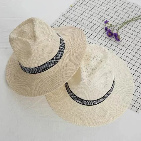 Chapeau de Paille pour Homme Été Protection Solaire Plage Fedora Tissé Respirant Voyage Extérieur Avec Bande Géométrique