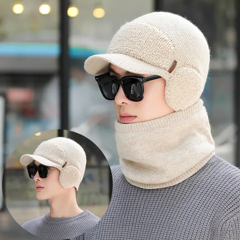 Winter Warm Gestrickte Beanie Mütze Und Schal Set Verdickt Plüsch Fleece Gefüttert Winddicht Ohrklappe Radfahren Mütze Für Männer Und Frauen