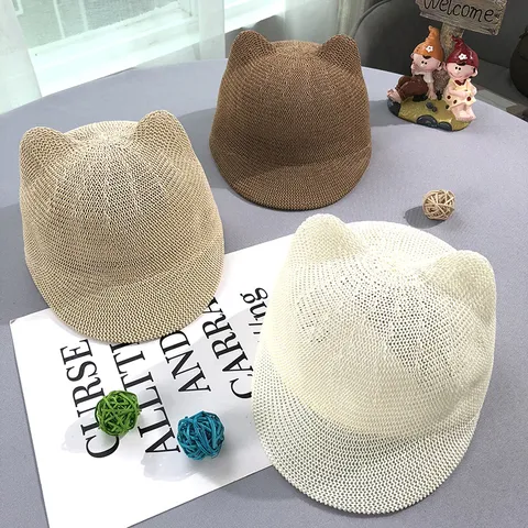 Kids Cute Cat Ear Straw Hat Summer Breathable Sun Protection Beach Cap Toddler Baby Outdoor Sun Protection Cap