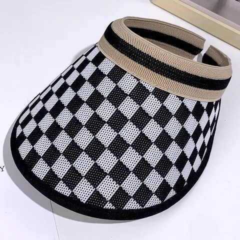 Femmes Chapeau Visière de Soleil d'Été Top Vide Carreaux Large Bord Plage Casquette Casual Protection UV Bandeau Chapeau de Soleil