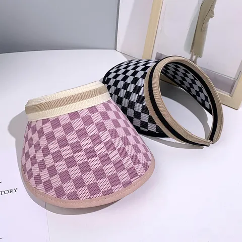 Femmes Chapeau Visière de Soleil d'Été Top Vide Carreaux Large Bord Plage Casquette Casual Protection UV Bandeau Chapeau de Soleil